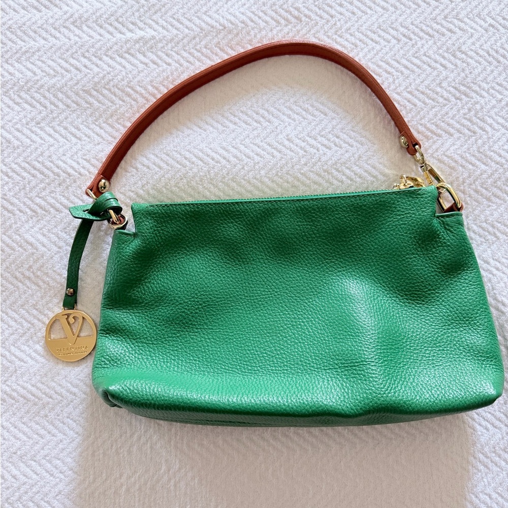Valentina Genuine Green Leather Shoulder Bag with Brown Handle Gold Charm Italy